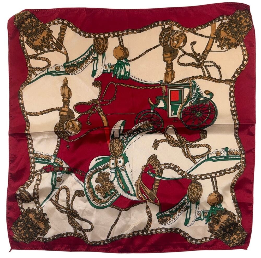 Equestrian Chain Print Square Scarf Red Green Gold 19x19 Hair Neck Bag Tie